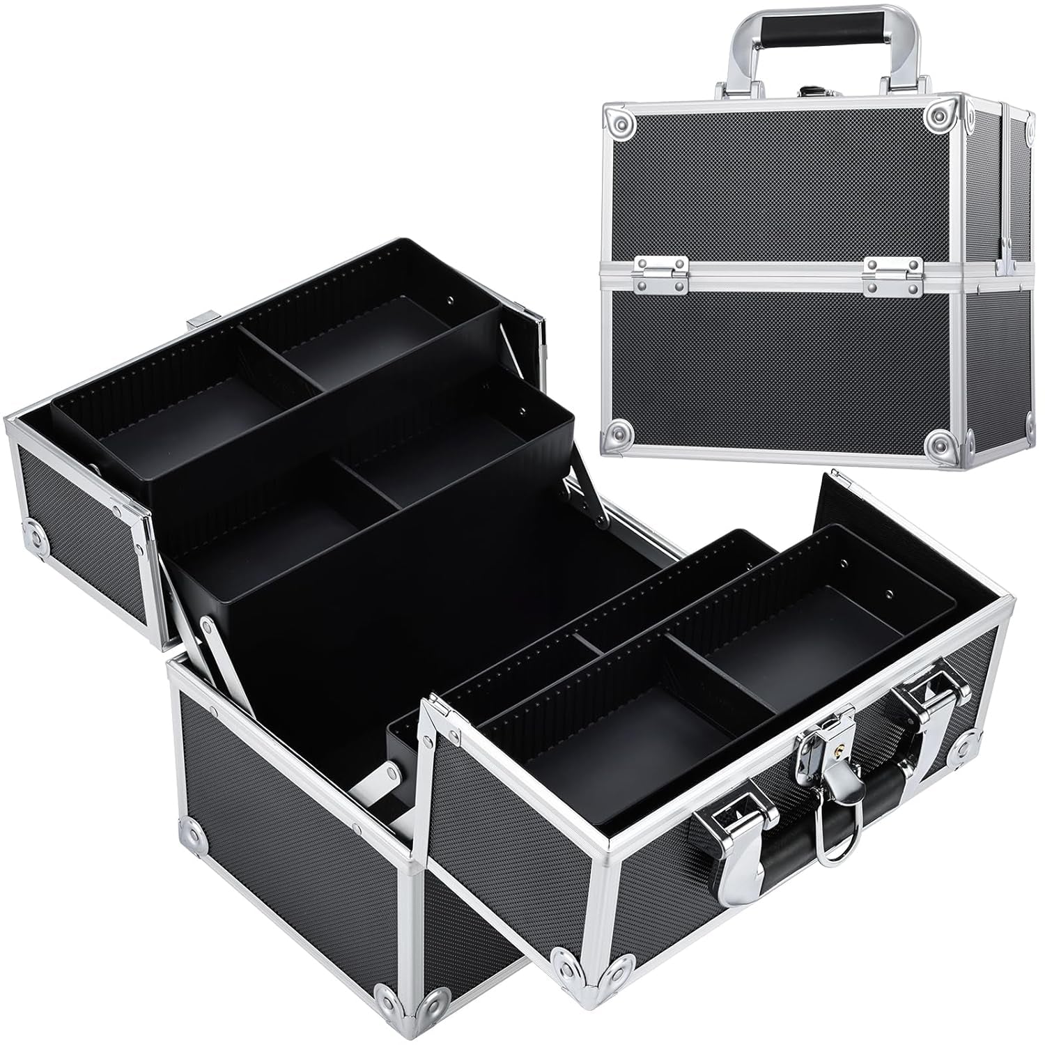 Professional Makeup Train Case with 4 Trays and Dividers - Lockable Portable Cosmetic Organizer for Artists and Crafters - Black