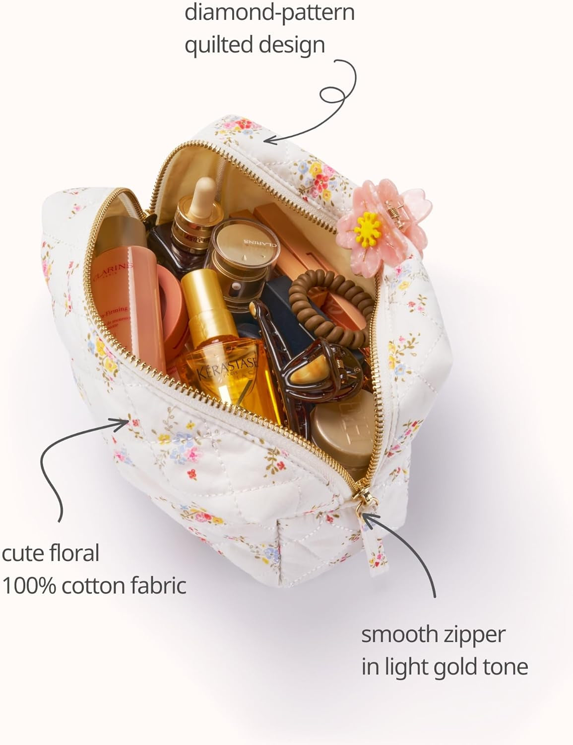 Medium Makeup Bag Floral Cotton Quilted Cosmetic Travel Bag