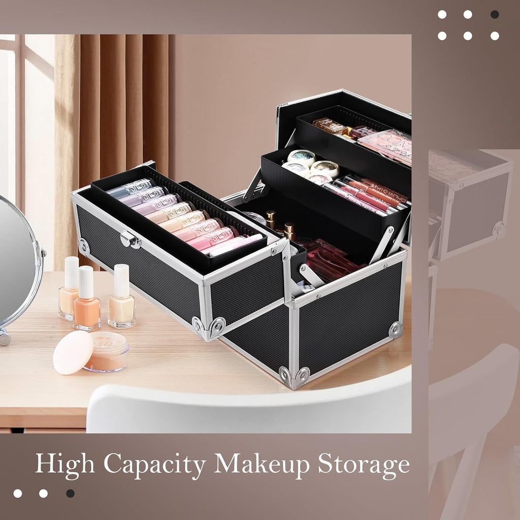 Professional Makeup Train Case with 4 Trays and Dividers - Lockable Portable Cosmetic Organizer for Artists and Crafters - Black