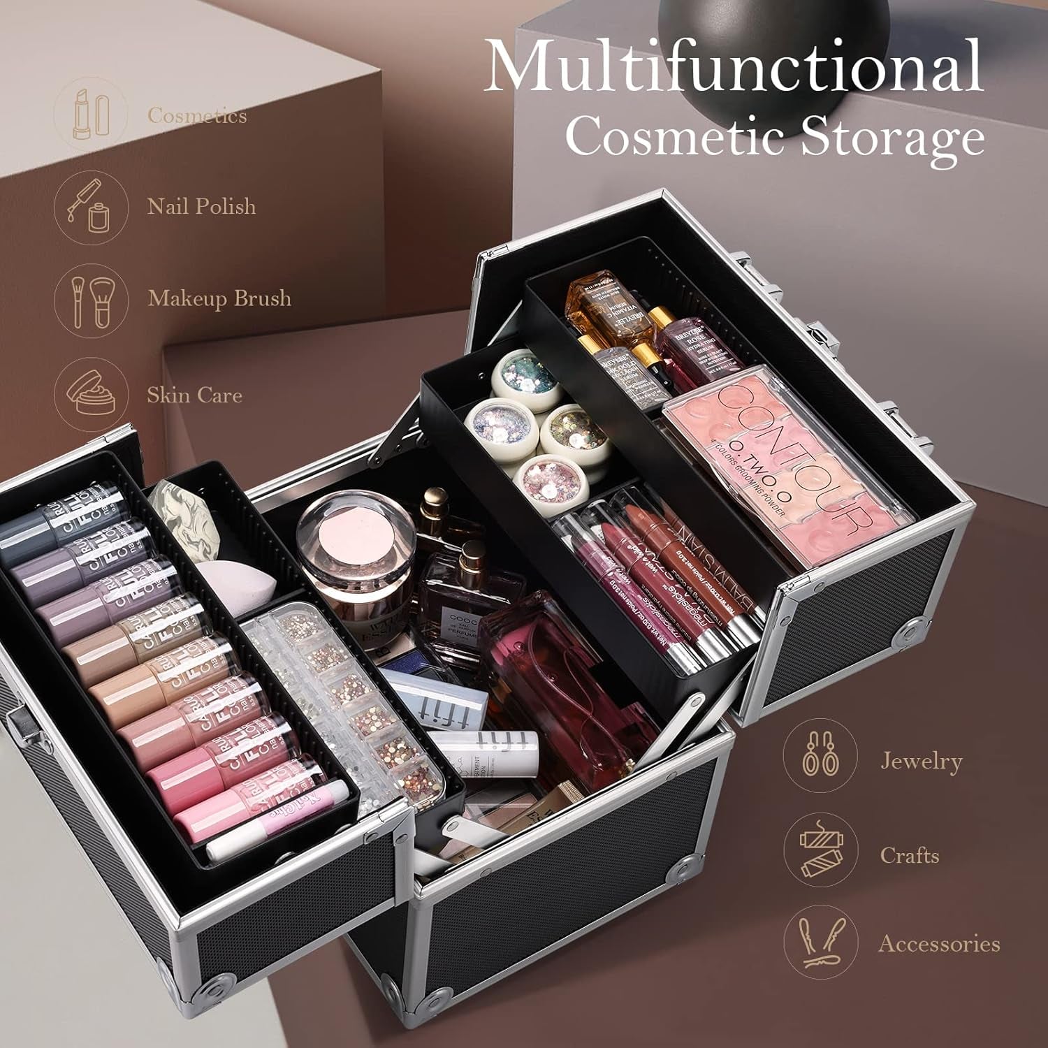 Professional Makeup Train Case with 4 Trays and Dividers - Lockable Portable Cosmetic Organizer for Artists and Crafters - Black