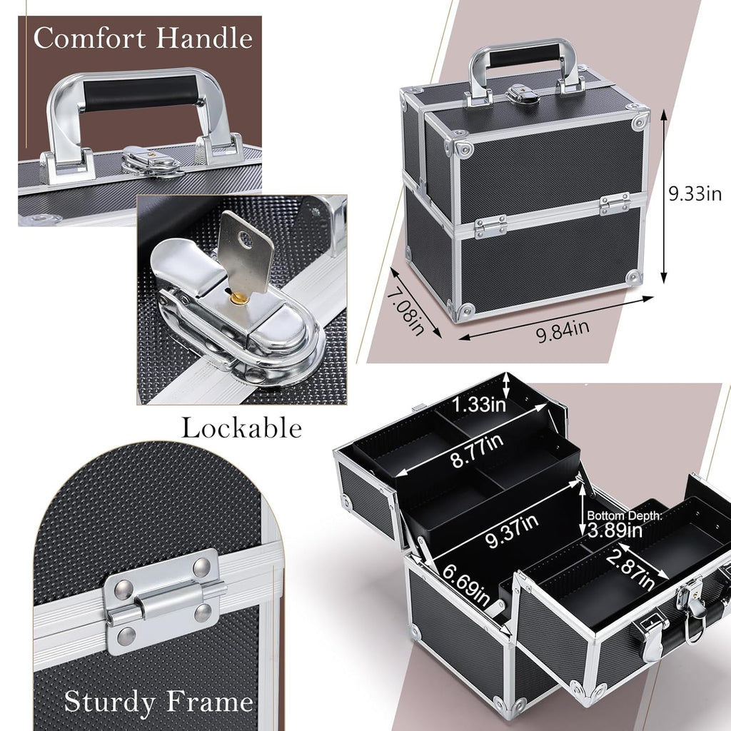 Professional Makeup Train Case with 4 Trays and Dividers - Lockable Portable Cosmetic Organizer for Artists and Crafters - Black